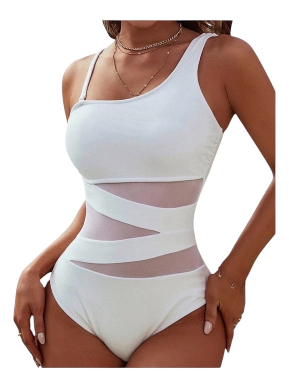 Blooming Jelly White One Piece Slimming One Shoulder Mesh Swimsuit NEW
